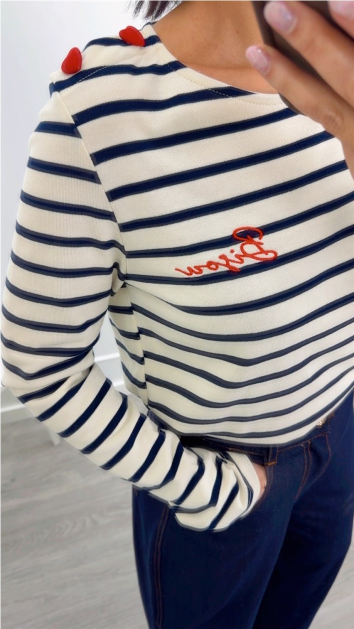 camiseta manta larga rayas azul marino detalle botones corazón