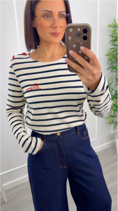 camiseta manta larga rayas azul marino detalle botones corazón 2