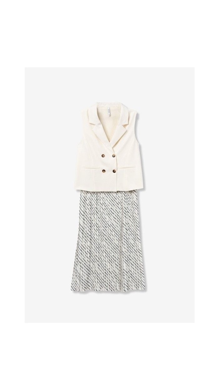 vestido chaleco unido blanco y negro flada plisada