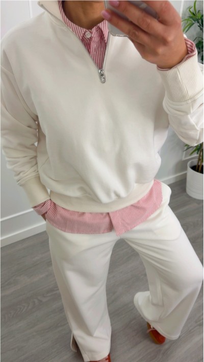 CHANDAL SUDADERA MÁS PANTALON GRIS Y BLANCO CON PANTALÓN FLUÍDO Y DETA