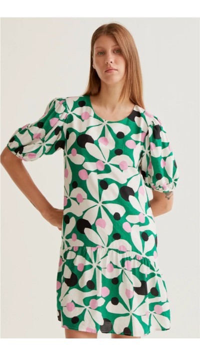 vestido corto manga abullonada estampado verde rosa