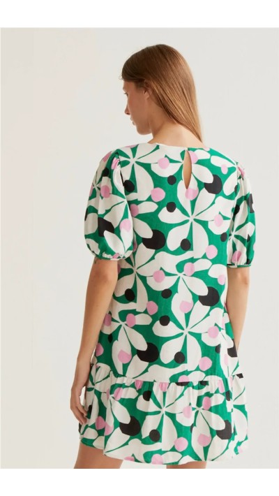 vestido corto manga abullonada estampado verde rosa