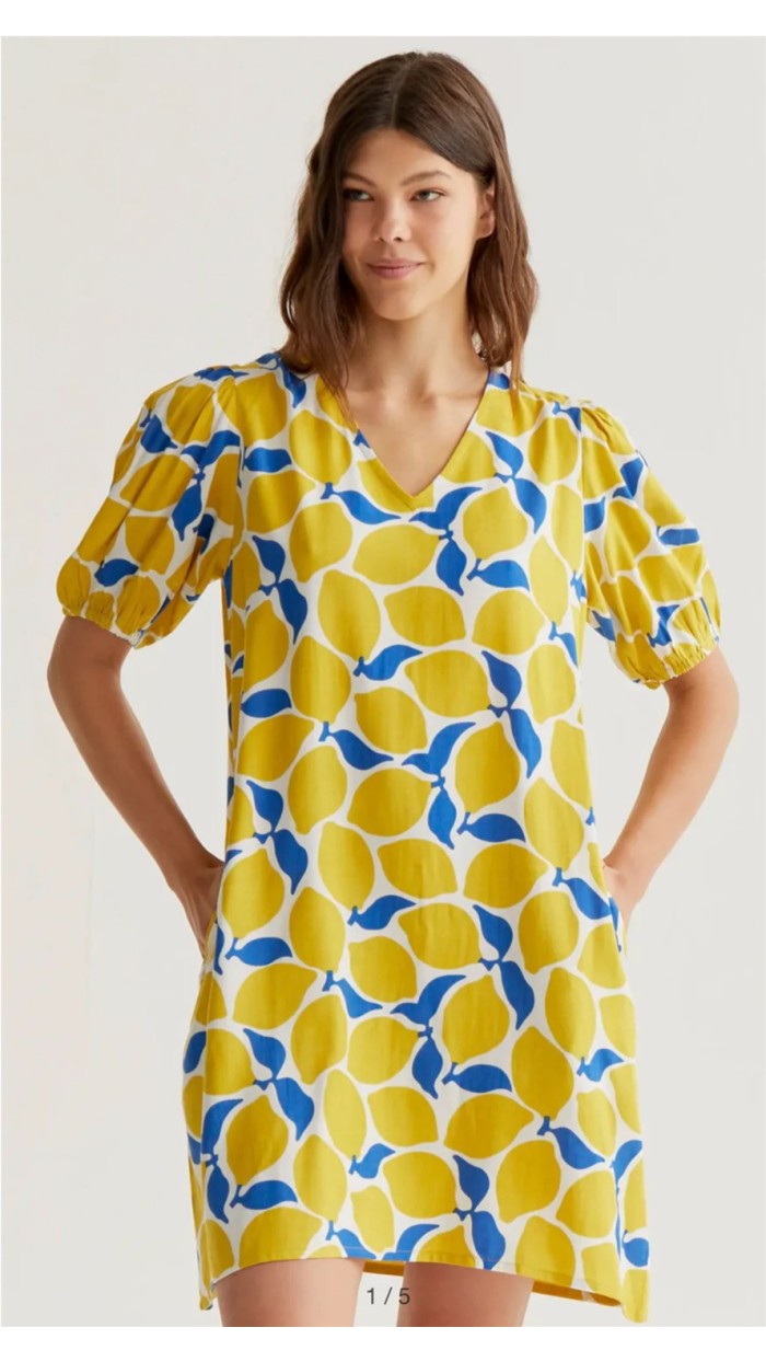 vestido corto estampado limones con bolsillos
