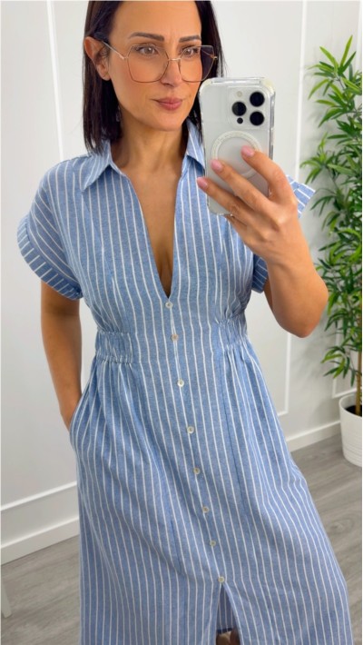 vestido fondo azul raya blanca con goma en cintura