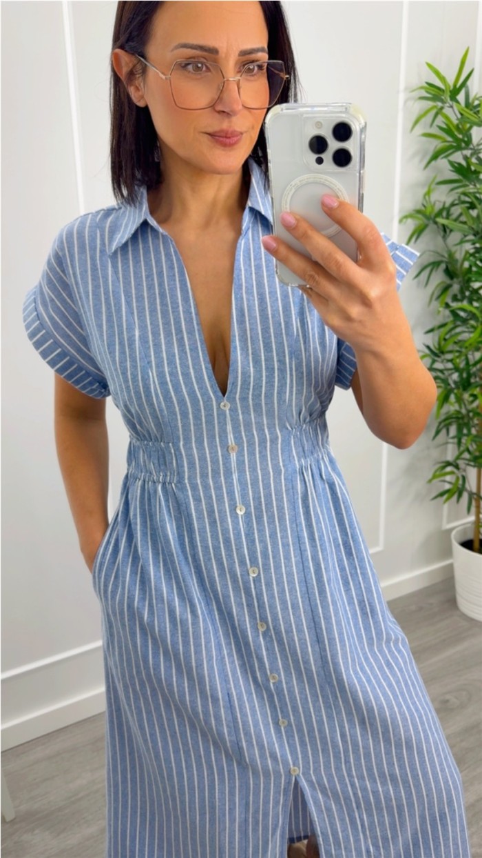 vestido fondo azul raya blanca con goma en cintura