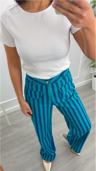 pantalón algodón bolsillo delantero rayas verde y azul turquesa