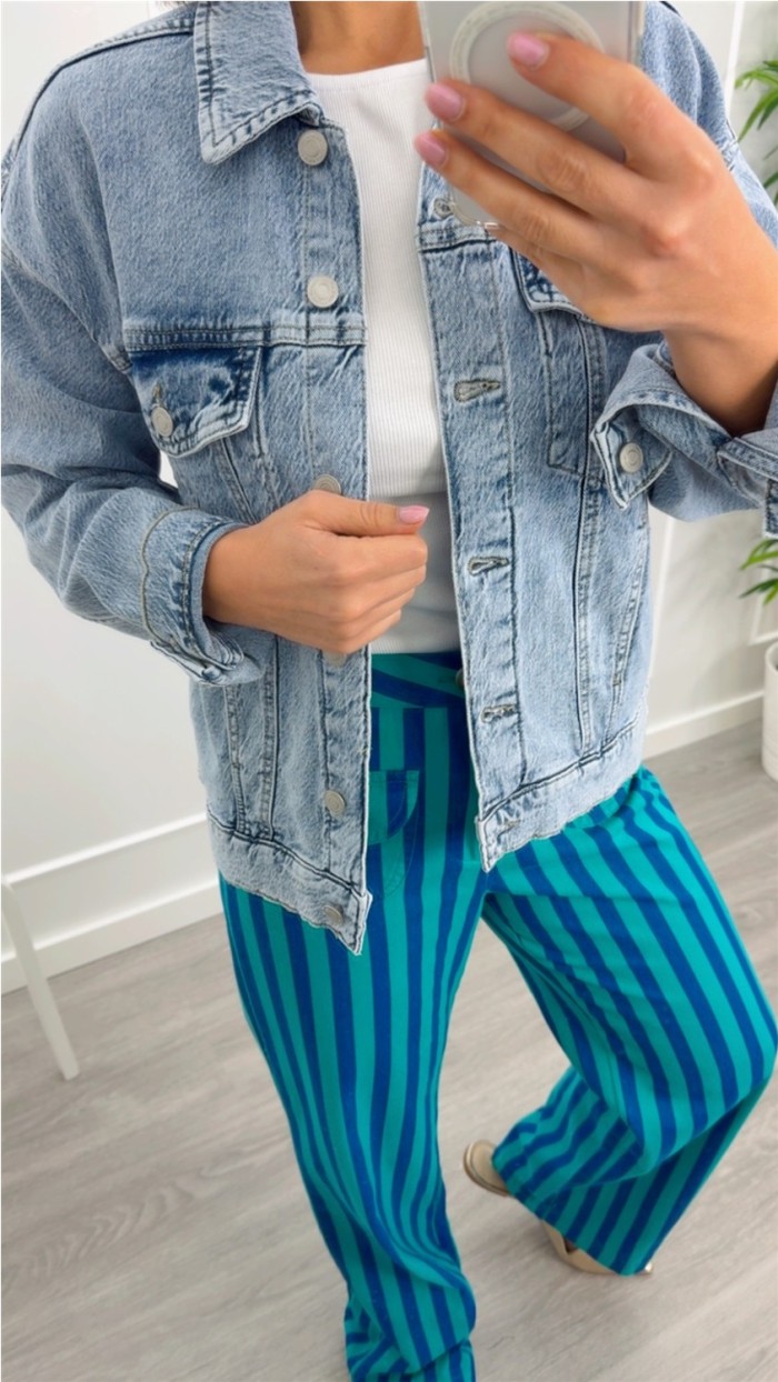 pantalón algodón bolsillo delantero rayas verde y azul turquesa