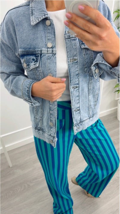 pantalón algodón bolsillo delantero rayas verde y azul turquesa