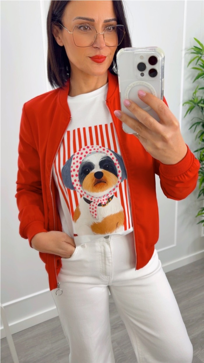 camiseta rayas rojos con perrito
