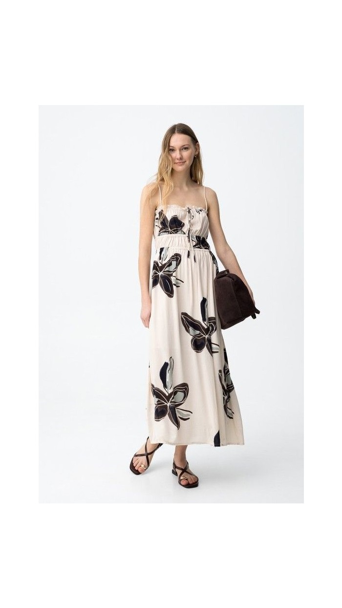 VESTIDO TIRAS FONDO BEIGE FLORES NEGRAS