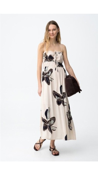 VESTIDO TIRAS FONDO BEIGE FLORES NEGRAS