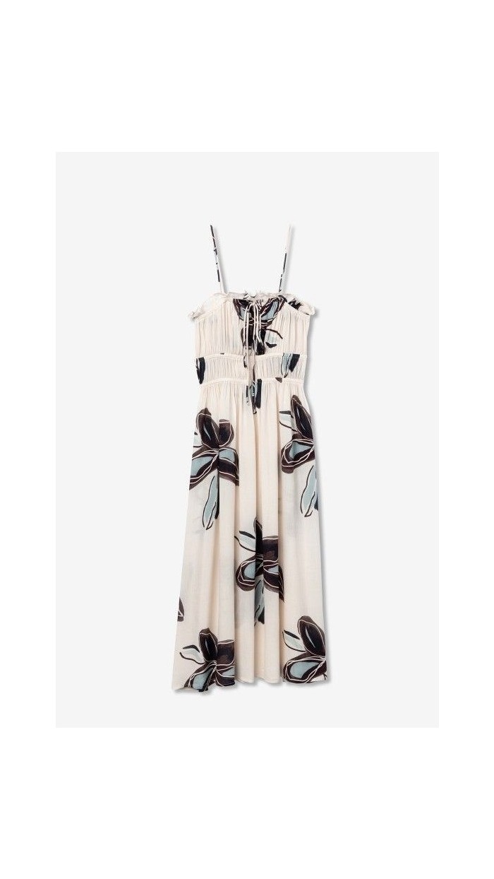 VESTIDO TIRAS FONDO BEIGE FLORES NEGRAS