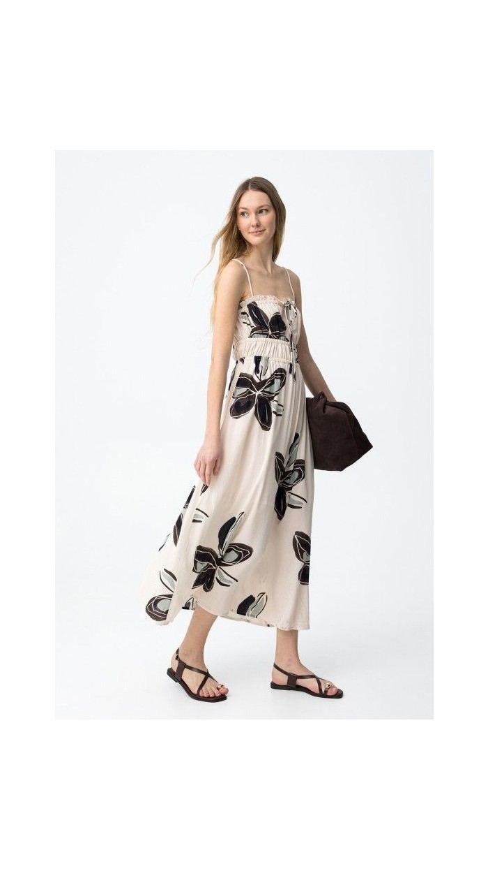 VESTIDO TIRAS FONDO BEIGE FLORES NEGRAS
