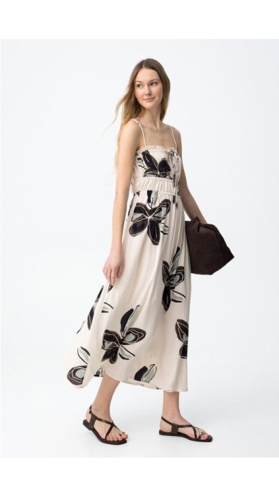 VESTIDO TIRAS FONDO BEIGE FLORES NEGRAS