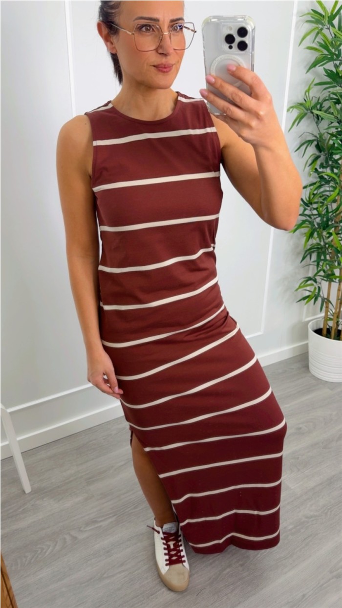 VESTIDO RESTO  ALGODÓN RAYAS FONDO BURDEOS Y AZUL MARINO