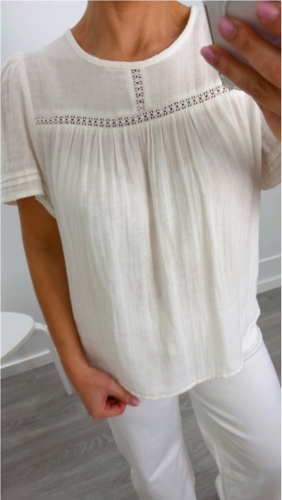 BLUSA BLANCA CON RIBETE EN HILO MANGA CORTA