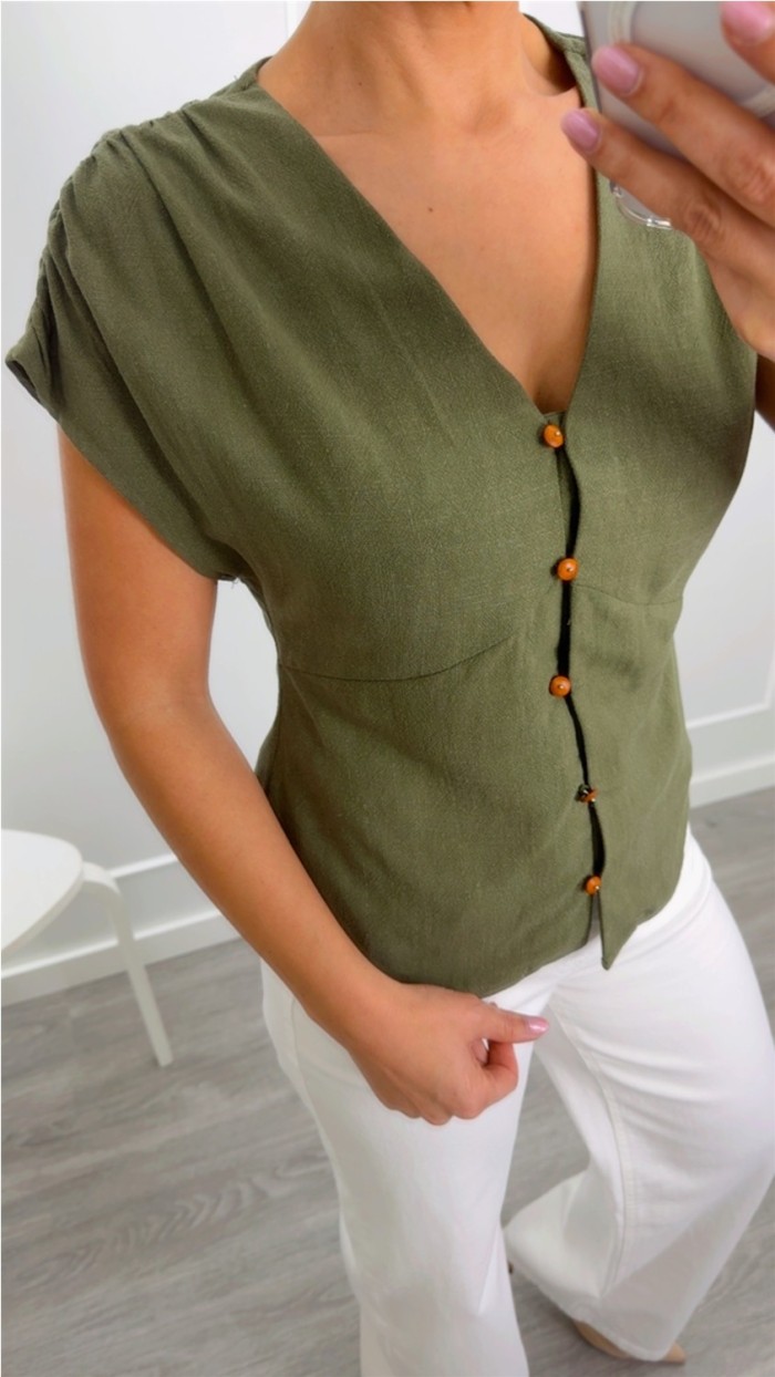 BLUSA LINO ESCOTE PICO CORTE DEBAJO PECHO