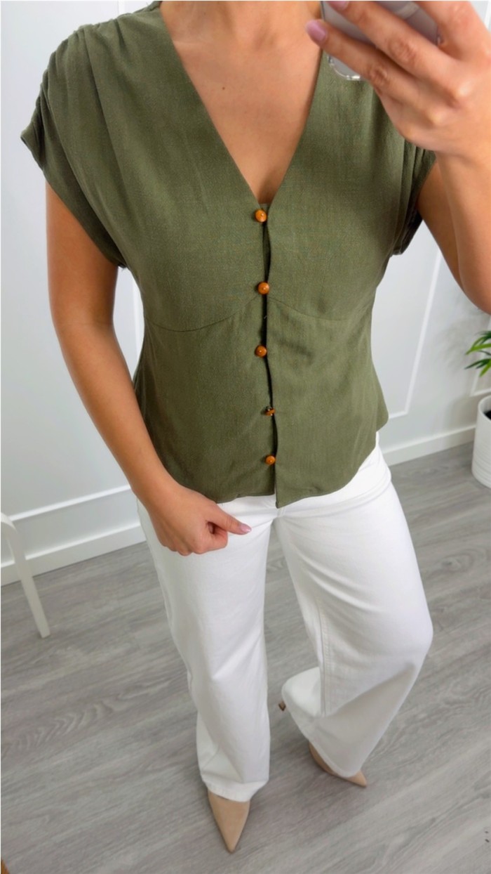 BLUSA LINO ESCOTE PICO CORTE DEBAJO PECHO