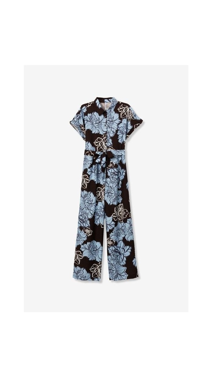 mono estampado flores fondo marrón choco y flores en azul