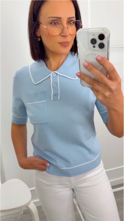 POLO AZUL CLARITO PUNTO SUAVE RIBETE EN BLANCO