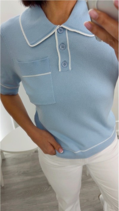 POLO AZUL CLARITO PUNTO SUAVE RIBETE EN BLANCO