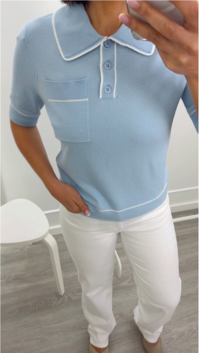 POLO AZUL CLARITO PUNTO SUAVE RIBETE EN BLANCO