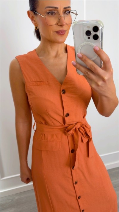 vestido naranja cinto bolsillos con solapa