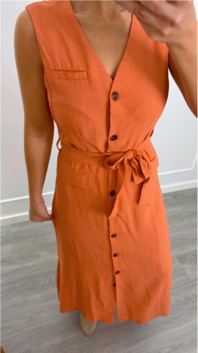 vestido naranja cinto bolsillos con solapa