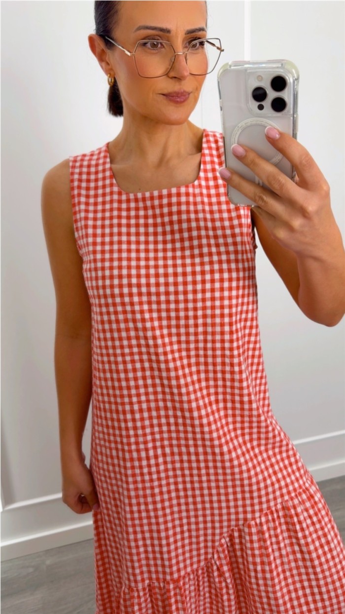 VESTIDO CUADROS VICHY ROJO VOLANTE