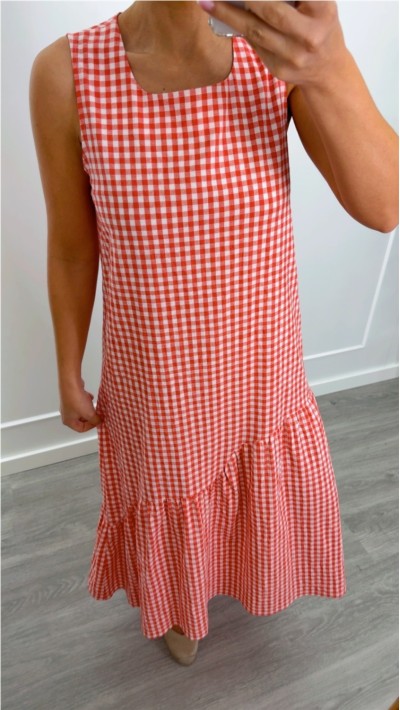 VESTIDO CUADROS VICHY ROJO VOLANTE