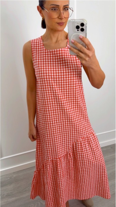 VESTIDO CUADROS VICHY ROJO VOLANTE