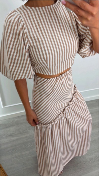 TOP MANGA ABULLONADA LAZADA ESPALDA, ESTAMPADO RAYAS FONDO BEIGE