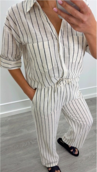 PANTALÓN LINO GOMA EN CINTURA, FONDO BEIGE RAYA GRIS 2