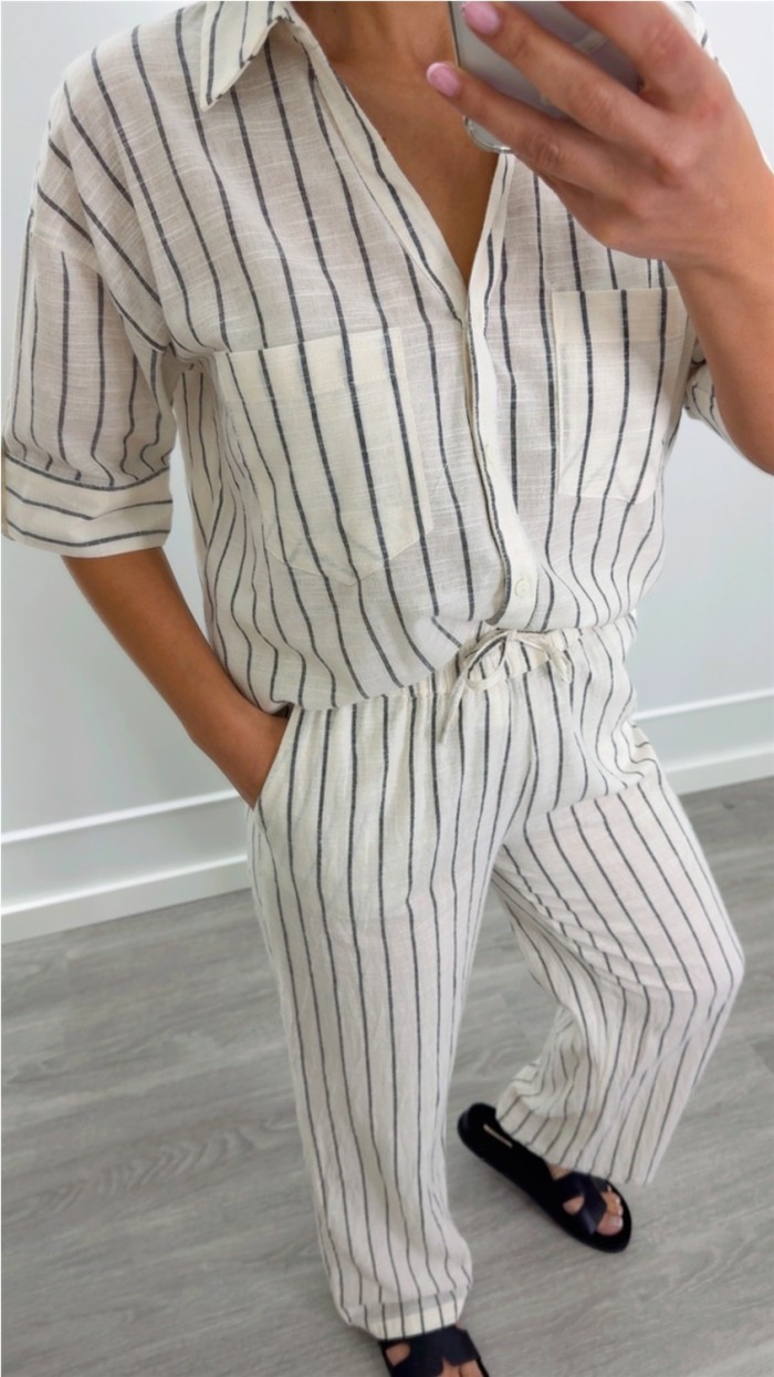 PANTALÓN LINO GOMA EN CINTURA, FONDO BEIGE RAYA GRIS