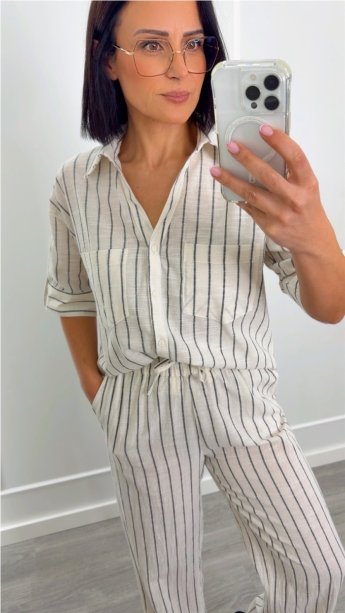 PANTALÓN LINO GOMA EN CINTURA, FONDO BEIGE RAYA GRIS