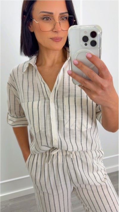 CAMISA DE LINO FONDO BEIGE RAYAS EN GRIS