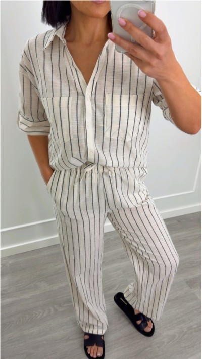 CAMISA DE LINO FONDO BEIGE RAYAS EN GRIS