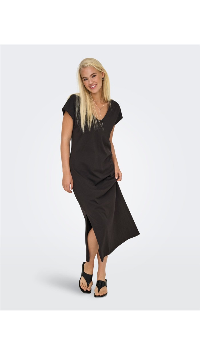 VESTIDO BASIC CUELLO PICO, NEGRO, MARRÓN Y BEIGE