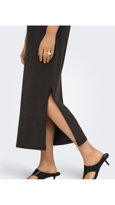 VESTIDO BASIC CUELLO PICO, NEGRO, MARRÓN Y BEIGE