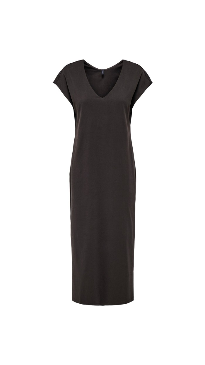 VESTIDO BASIC CUELLO PICO, NEGRO, MARRÓN Y BEIGE