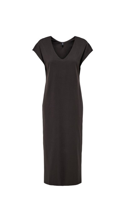 VESTIDO BASIC CUELLO PICO, NEGRO, MARRÓN Y BEIGE