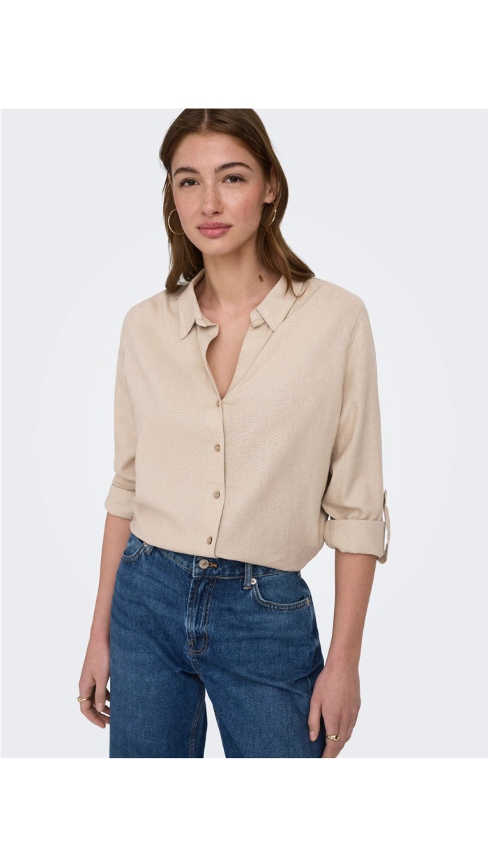 CAMISA DETALLE DE MANGA LINO BEIGE