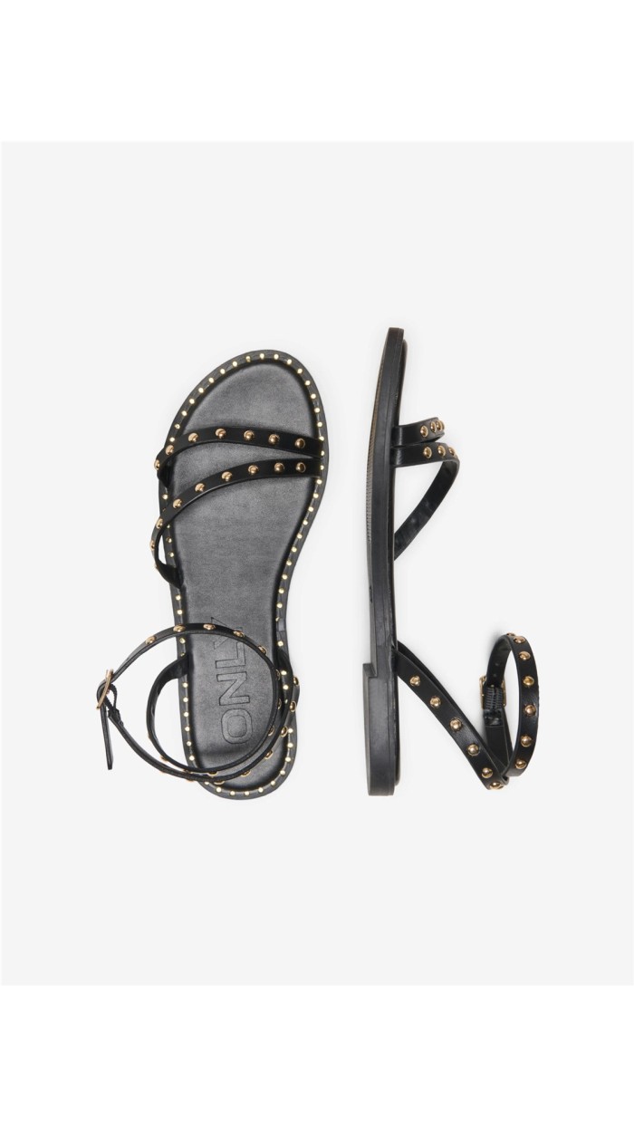 SANDALIA NEGRA TIRAS REMACHES DORADOS