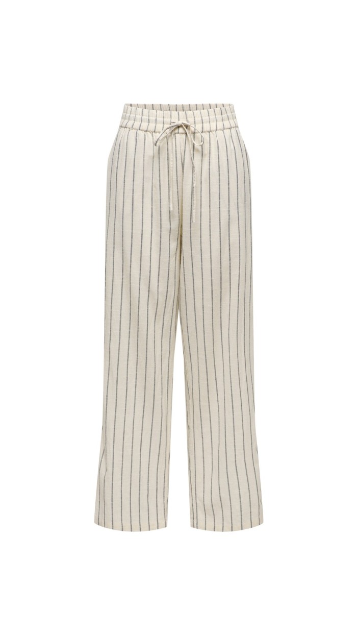 PANTALÓN LINO GOMA EN CINTURA, FONDO BEIGE RAYA GRIS