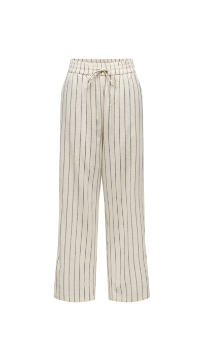 PANTALÓN LINO GOMA EN CINTURA, FONDO BEIGE RAYA GRIS