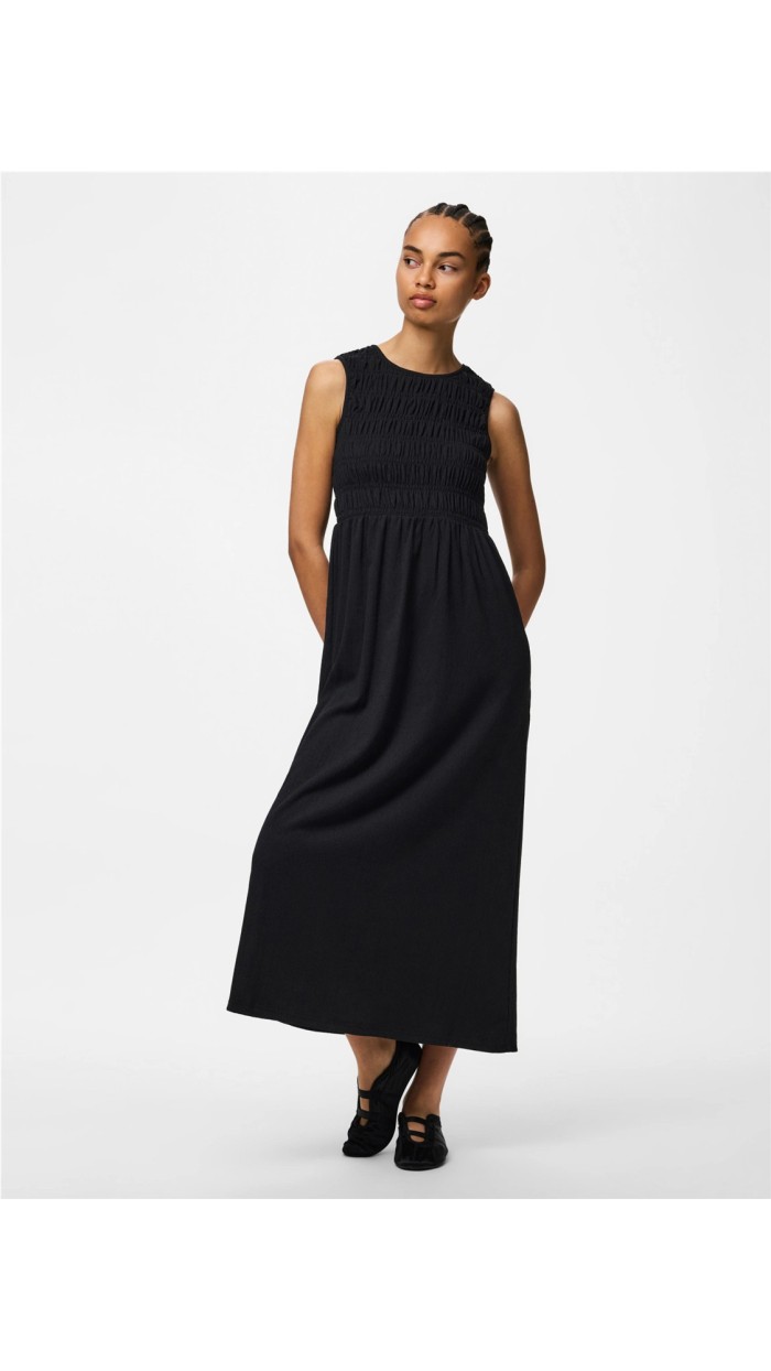 VESTIDO GOMAS PARTE SUPERIOR FALDA LISA