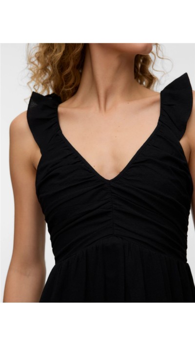 VESTIDO LARGO NEGRO ESCOTE FRUNCIDO TIRA VOLANTE