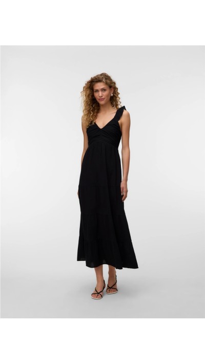 VESTIDO LARGO NEGRO ESCOTE FRUNCIDO TIRA VOLANTE 2