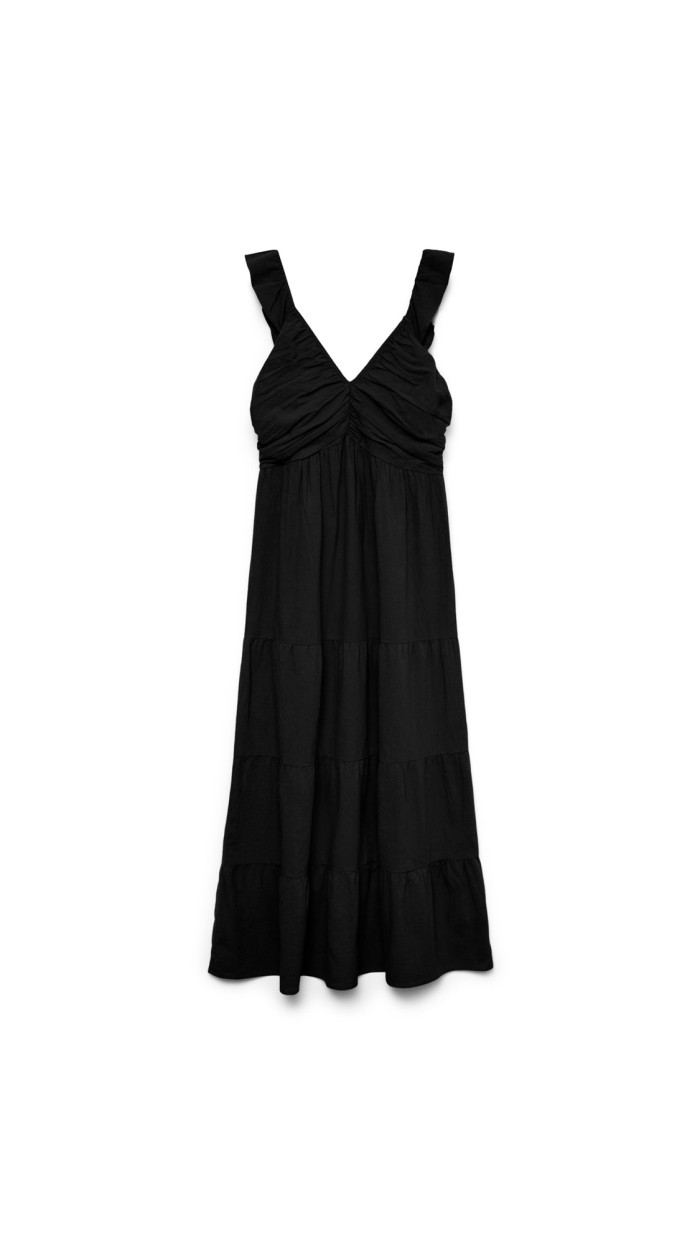 VESTIDO LARGO NEGRO ESCOTE FRUNCIDO TIRA VOLANTE