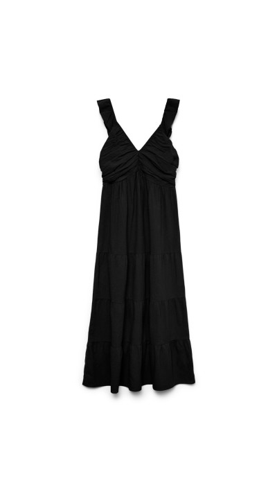 VESTIDO LARGO NEGRO ESCOTE FRUNCIDO TIRA VOLANTE